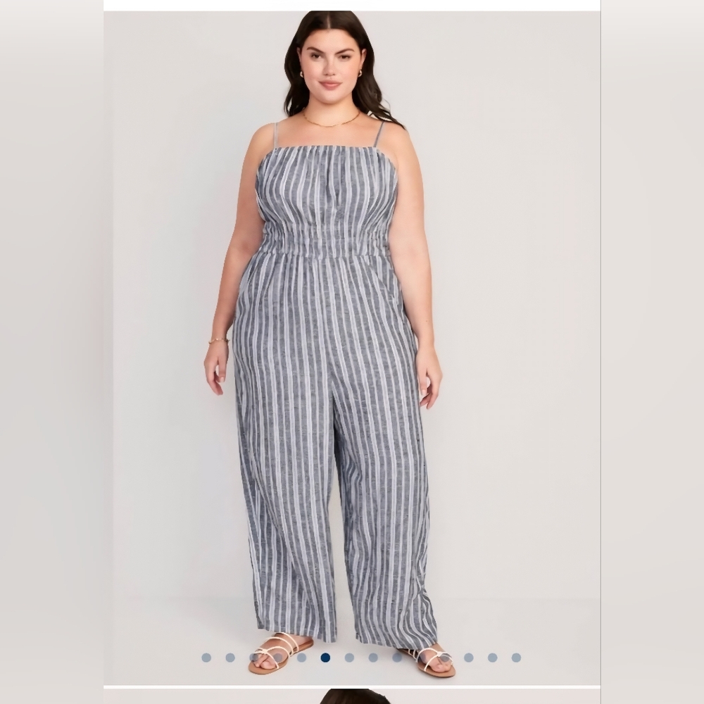 Old Navy Striped Linen-Blend Cropped Smocked Cami Wide-Leg Jumpsuit Size XXL